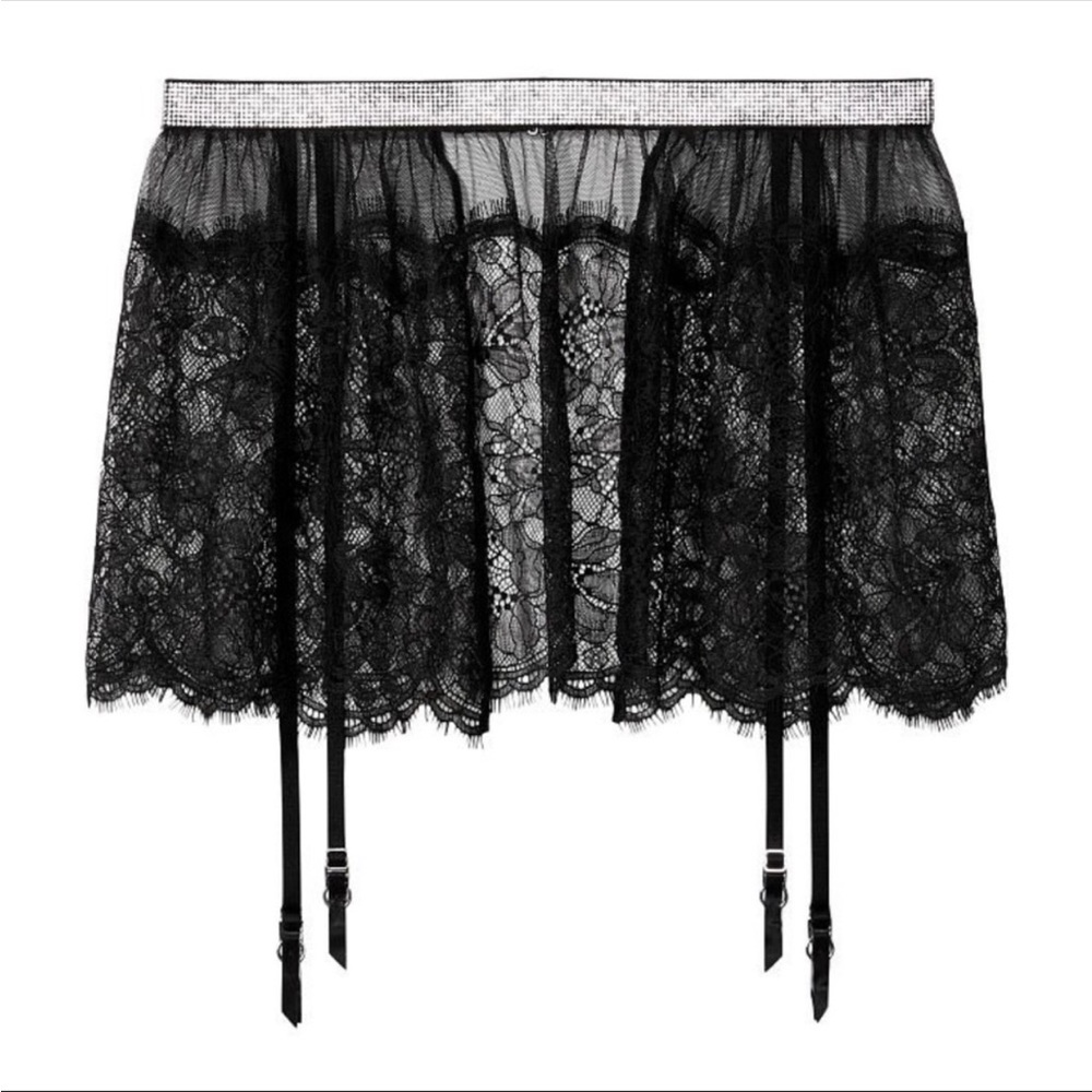Victoria’s Secret Very Sexy Shine Strap Black Lace Garter Belt Skirt NWT